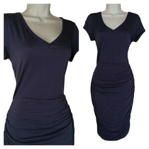 WENDY WILLIAMS Navy Blue Side Ruched V Neck Short Sleeve Stretchy Dress XS NWT
